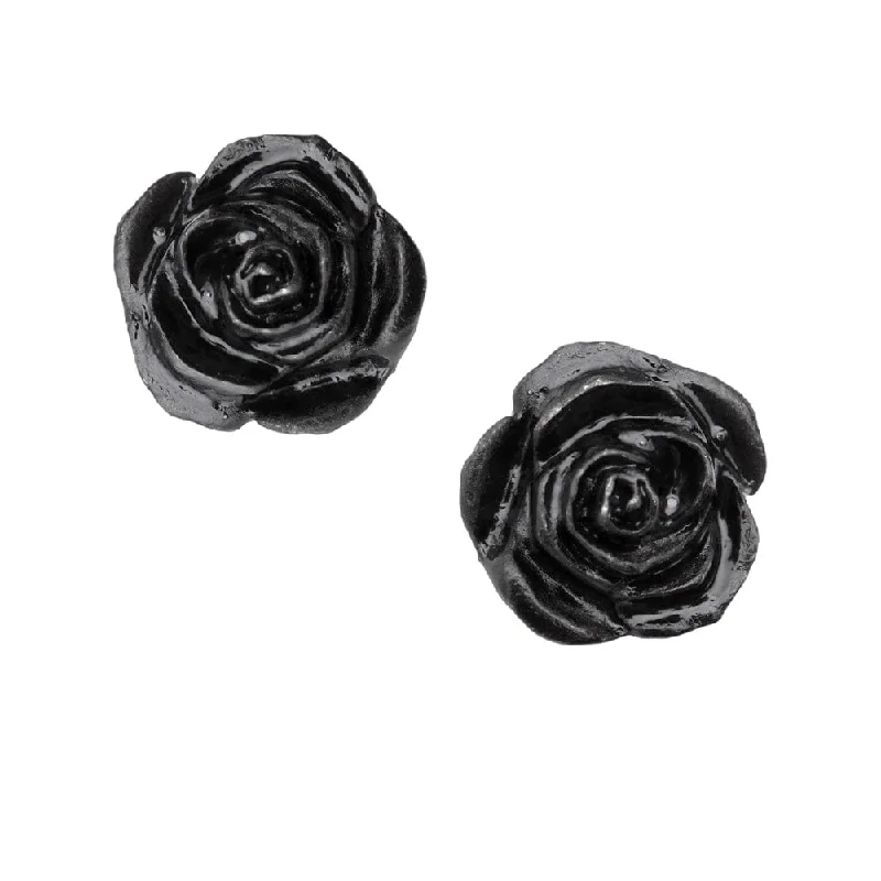 Stud Earrings with Polished Shine -Black Rose Flower Heads Stud Earrings