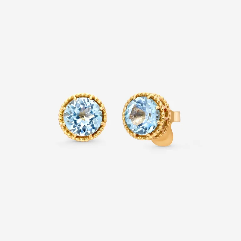 Stud Earrings with Etching -Nanis Notre Dame 18K Yellow Gold Blue Topaz Stud Earrings OA18-560