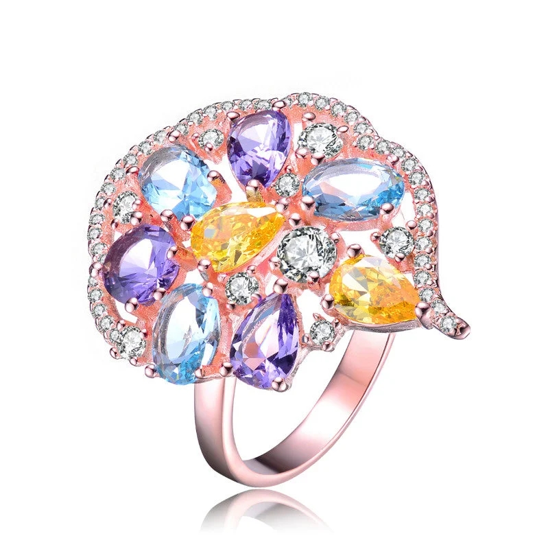 Rings with rough sapphire for rugged chic -GENEVIVE Sterling Silver Rose Gold Plated Multi Colored Cubic Zirconia Coctail Ring