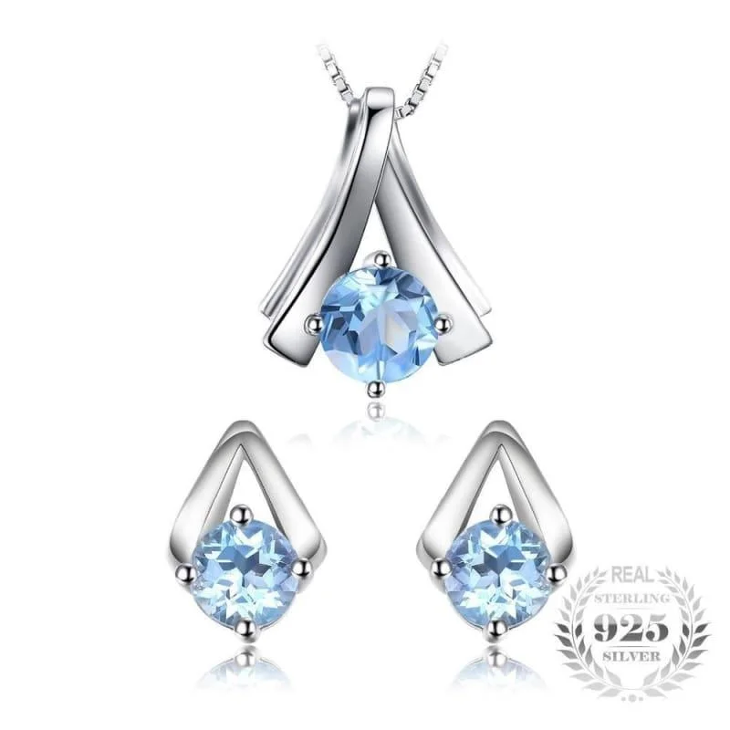 Multi Stud Earrings with Chains -Genuine Sky Blue Topaz Pendant Necklace and Stud Earrings Women Jewelry Sets