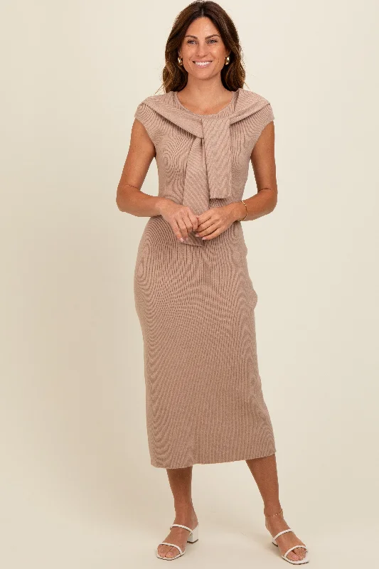 Faux Leather Dresses for Affordable -Beige Knit Sleeve Tie Detail Midi Dress