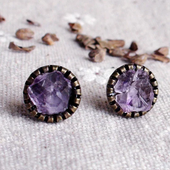 Stud Earrings for Office Wear -Raw Amethyst Stud Earrings Handmade Jewelry Accessories February Birthstone Women