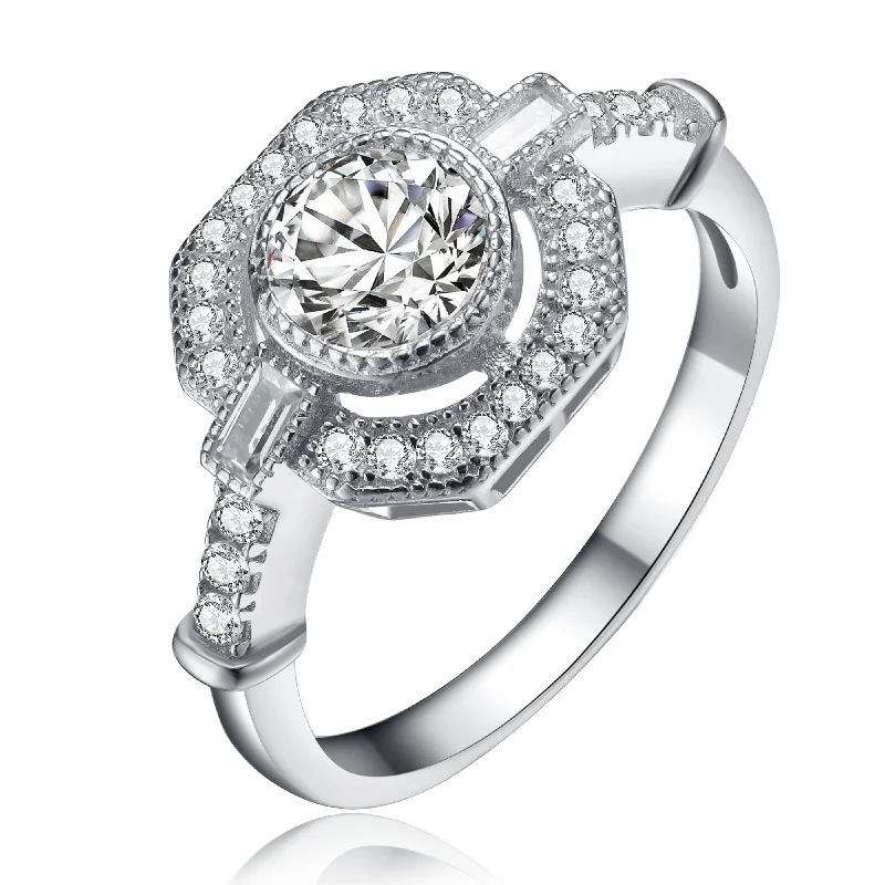 Dainty rings with subtle engraved star motifs -GENEVIVE Sterling Silver Cubic Zirconia Accent Modern Engagement Ring