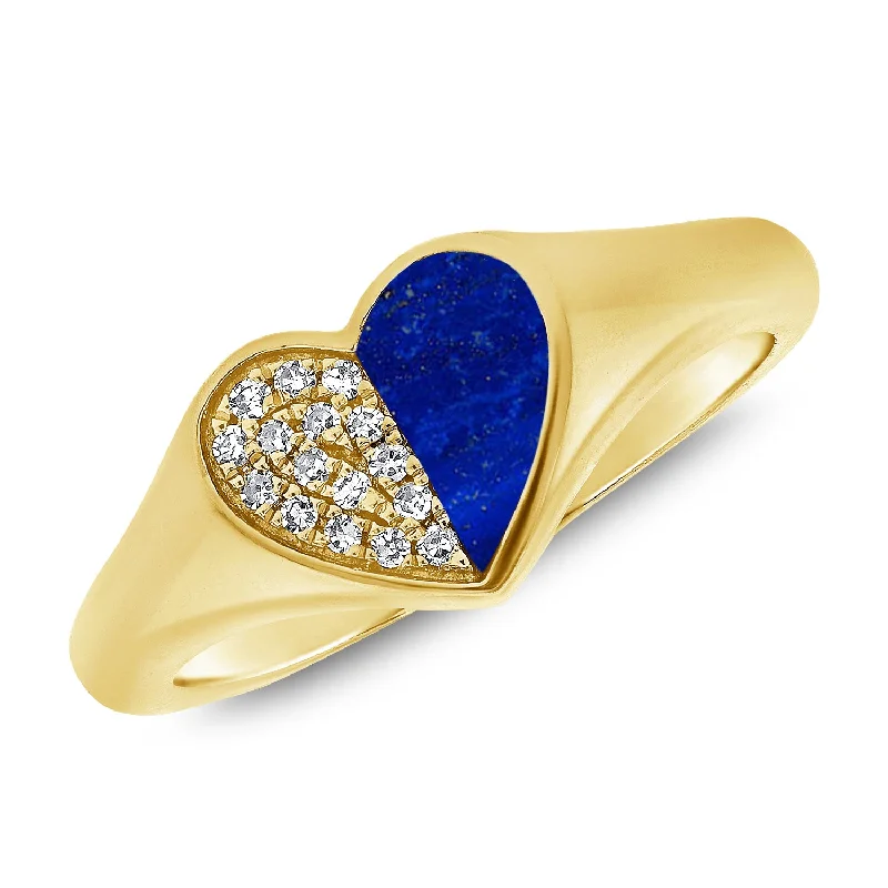 Rings with oxidized bands for vintage edge -Bold Heart Pinky Ring with Lapis Lazuli and Diamonds in 14K Gold