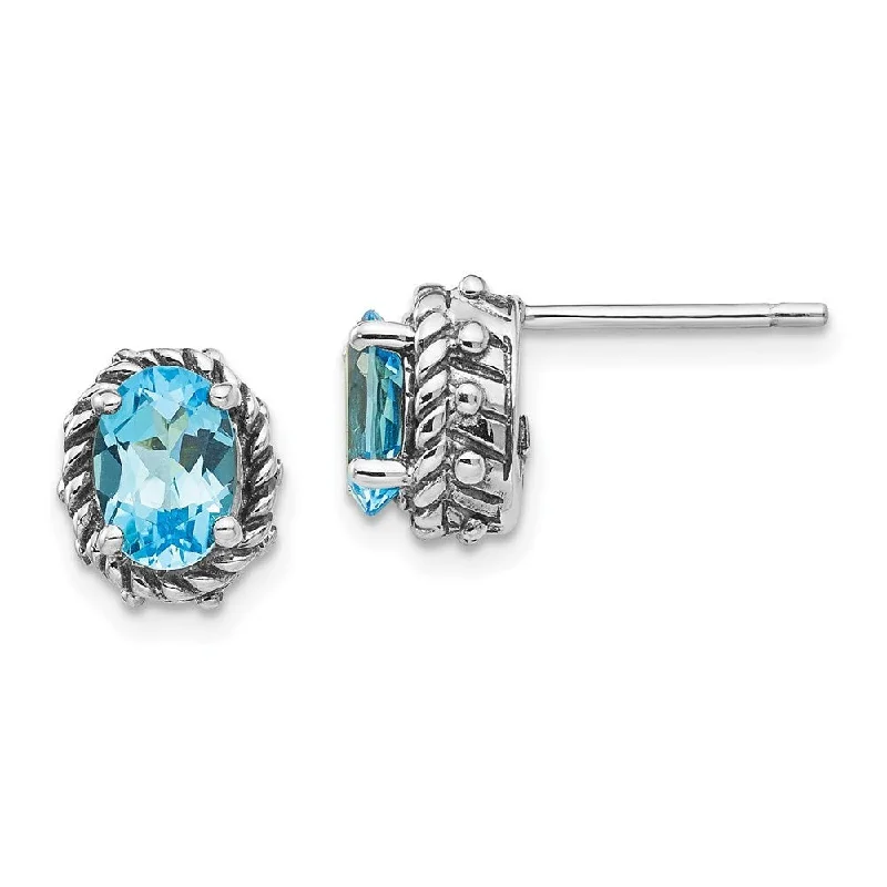 Magnetic Closure Stud Earrings for Easy -925 Sterling Silver Blue Gemstone Antiqued Stud Earrings (L-10 mm, W-7 mm)