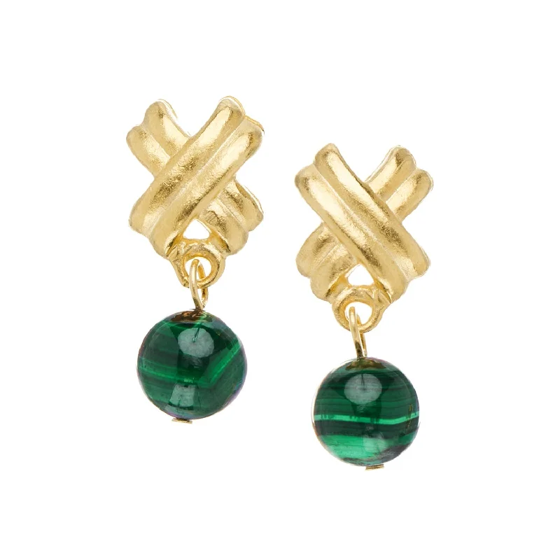 Stud Earrings for Fitness Activities -Susan Shaw Mini X Malachite Drop Stud Earrings