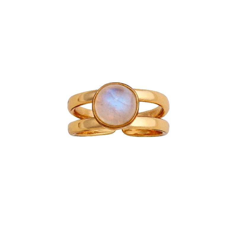 Bold rings with oversized amethyst gemstones -Alchemia Rainbow Moonstone Round Adjustable Cuff Ring