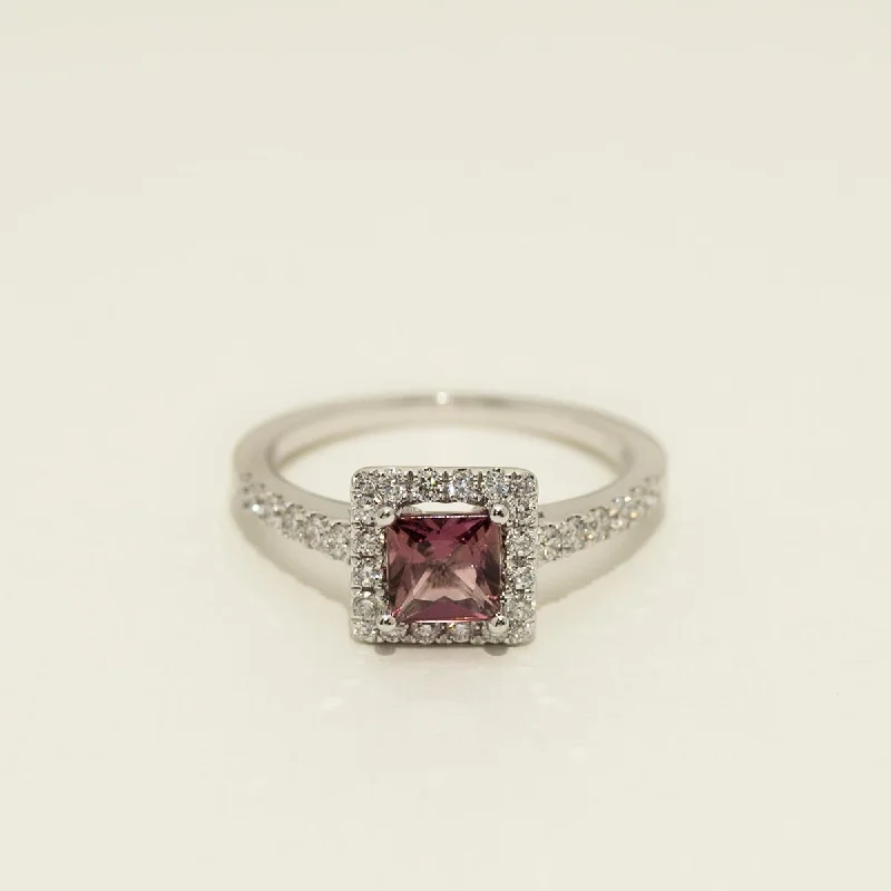 Rings with oxidized bands for vintage edge -Maine Pink Tourmaline Halo Ring in 14kt White Gold with Diamonds (3/8ct tw)