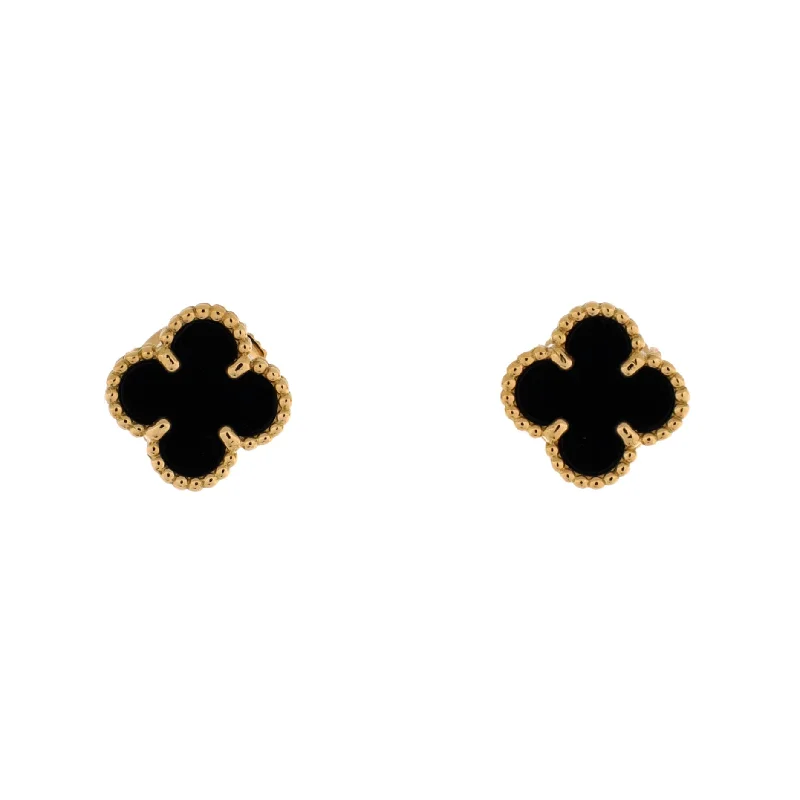 Stud Earrings for Valentine's Day -Sweet Alhambra Stud Earrings 18K Yellow Gold and Onyx