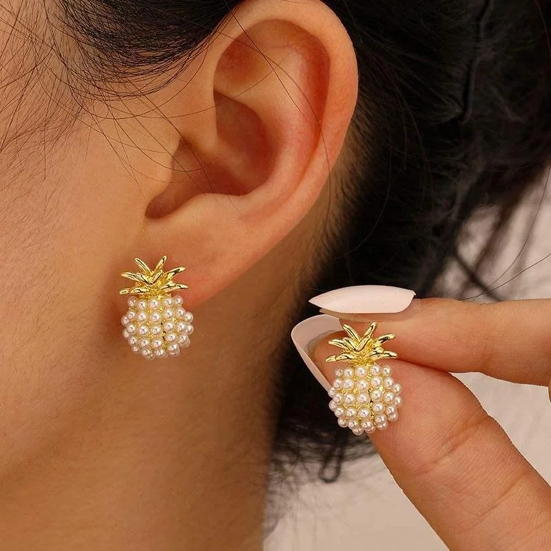 Silver Stud Earrings for Men -Elegant Pearl Pineapple Stud Earrings for Women