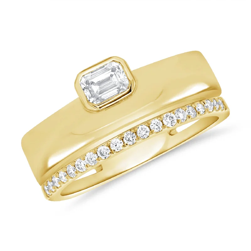 Rings with vintage claw prongs for elegance -Sleek 14K Gold Emerald-Cut & Round Diamond Ring