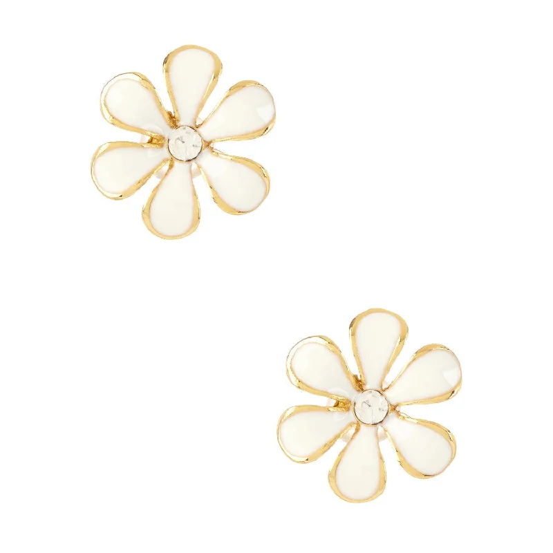 Stud Earrings with Floral Motifs -Women's Fashion Flower Stud Earrings with CZ Accents & White Enamel Design - Gold