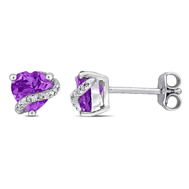 Stud Earrings with Knot Designs -Miadora 1 1/10ct TGW Amethyst and Diamond Accent Heart Stud Earrings in Sterling Silver