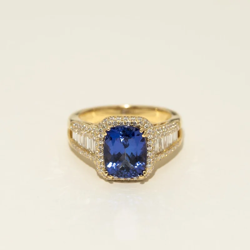 Rings with polished tourmaline for vibrant shine -Cushion Cut Tanzanite Ring in 18kt Yellow Gold with Diamonds (1 1/10ct tw)