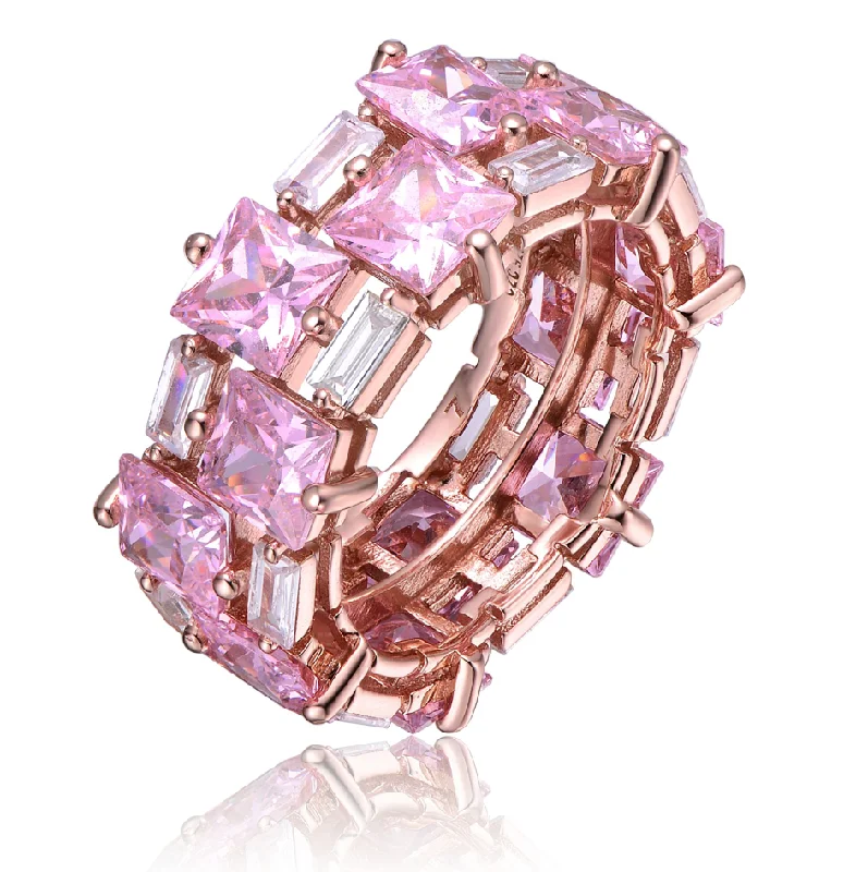 Rings with smoky quartz for muted elegance -GV Sterling Silver 18k Rose Gold Plated with Pink Ice & Cubic Zirconia Chunky Double Row Eternity Band Ring