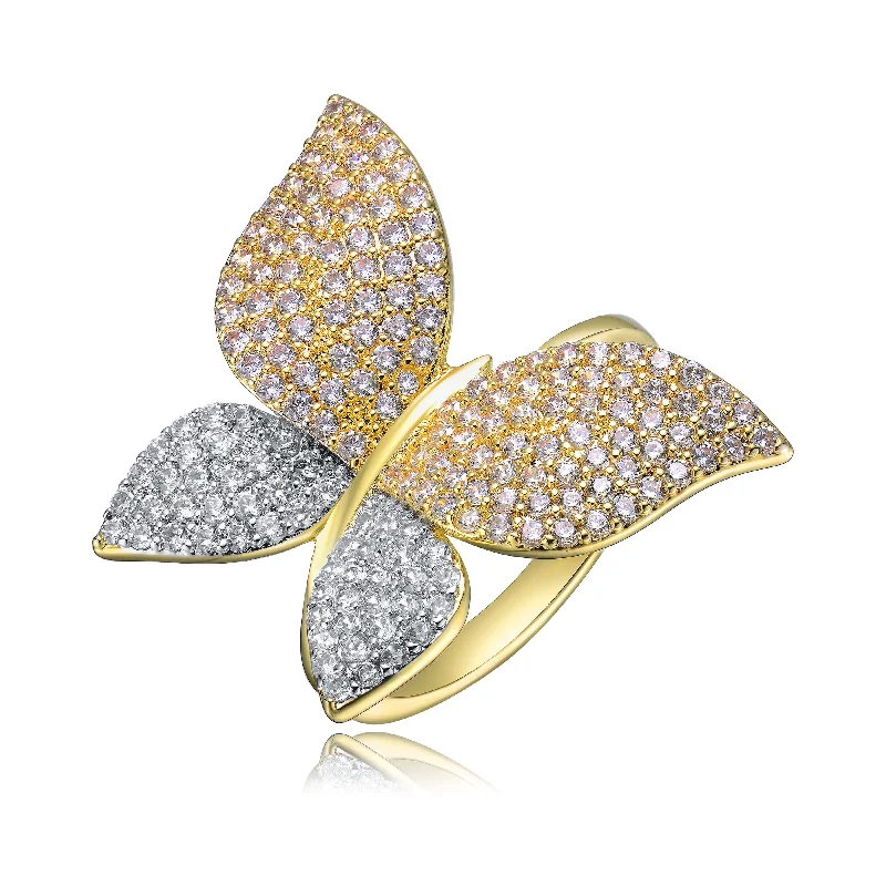 Vintage rings with engraved floral band designs -Sterling Silver 14k Gold Plated with Diamond Cubic ZIrconia Large Garden Butterfly Ring