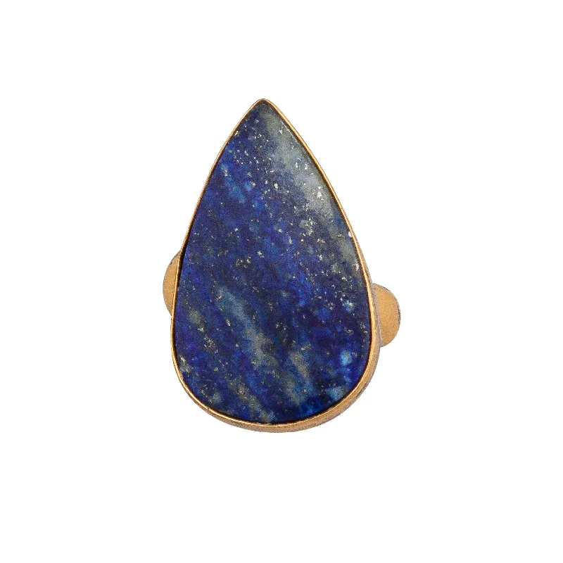 Rings with branch-inspired bands for organic -Alchemia Lapis Lazuli Teardrop Adjustable Ring