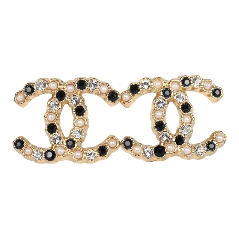 Stud Earrings with Enamel -Chanel CC Crystals & Resin Pearls Stud Earrings Black and White Gold Tone Metal