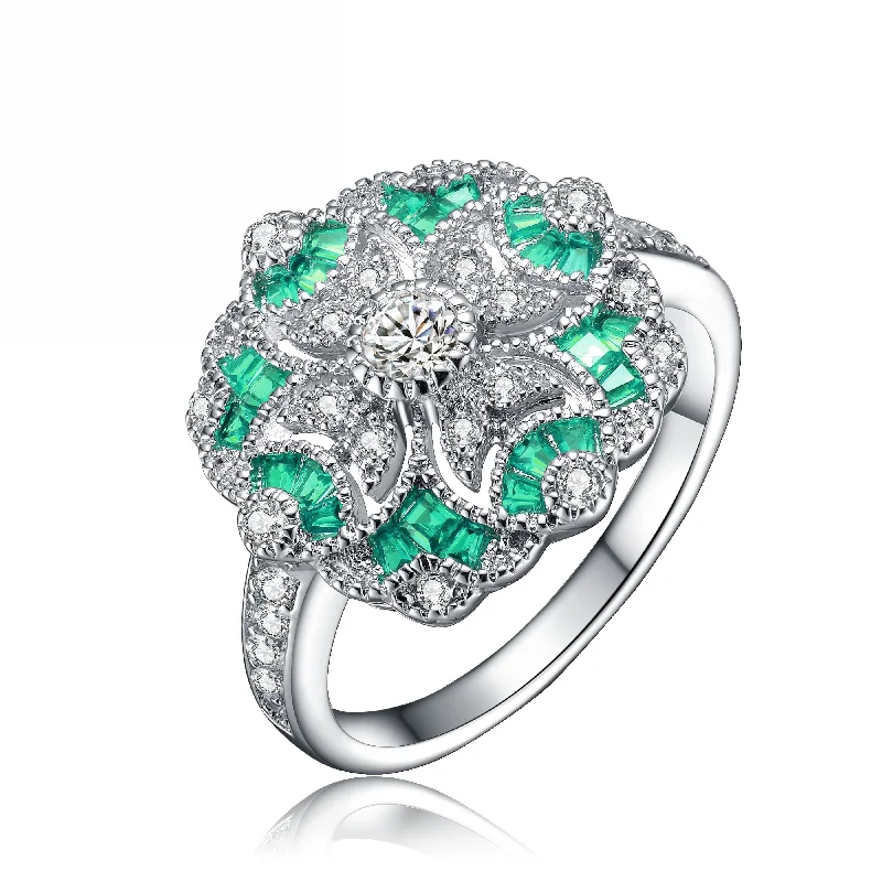 Rings with hexagon-cut stones for trendiness -GENEVIVE Sterling Silver Emerald Cubic Zirconia Floral Cocktail Ring