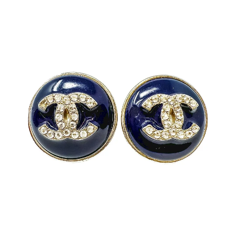 Stud Earrings for Casual Outfit -Chanel Round Enamel Stud Earrings with Interlocking CC with Crystal