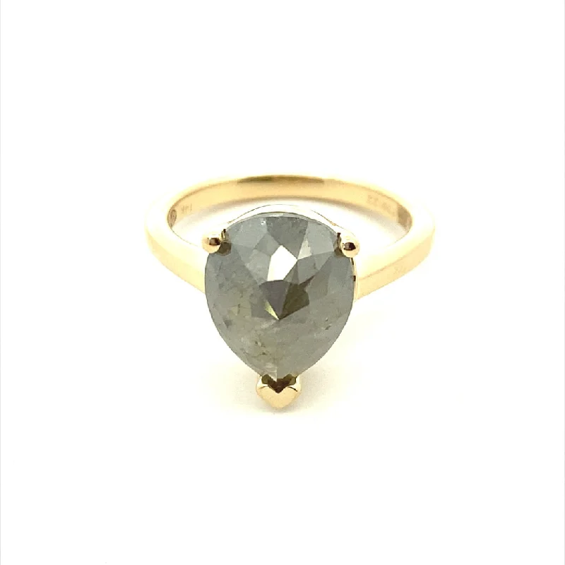 Rings with twisted rose gold band designs -14K Yellow Gold 4.70ct Pear Shaped Rose Cut Gray Diamond Solitaire Engagement Ring