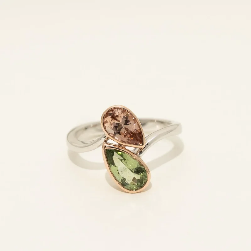 Rings with vintage-inspired rose-cut diamonds -Maine Green and Pink Tourmaline Pear Shape Bezel Ring in 14kt White and Rose Gold