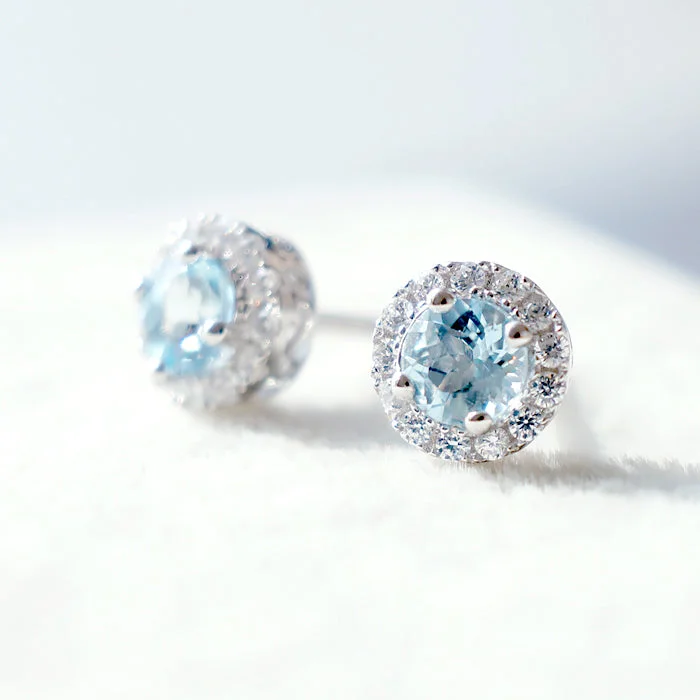 Stud Earrings for Yoga Session -Round Aquamarine Stud Earrings with Diamond Halo in White Gold Plated Sterling Silver