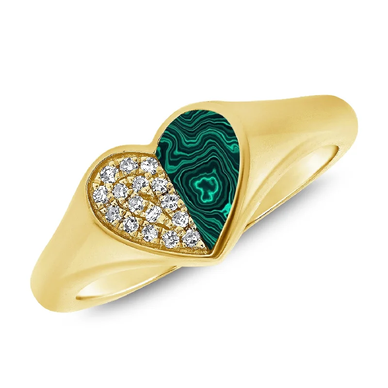 Rings with oxidized silver for antique appeal -Heart of Elegance Pinky Ring with Malachite and Diamonds in 14K Gold