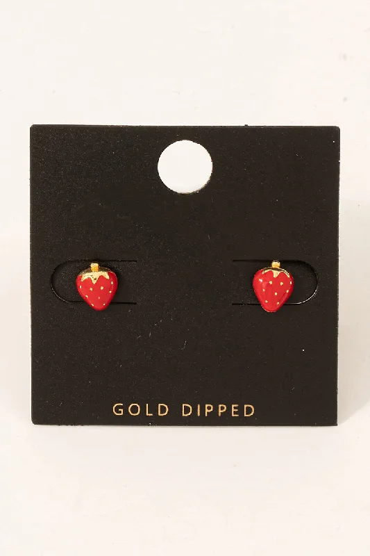 Stud Earrings with Floral Motifs -Gold Dipped Epoxy Strawberry Stud Earrings