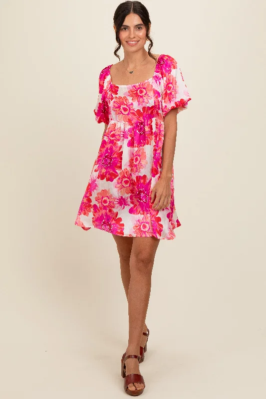 Polyester Dresses for Durable -Fuchsia Floral Puff Sleeve Dress