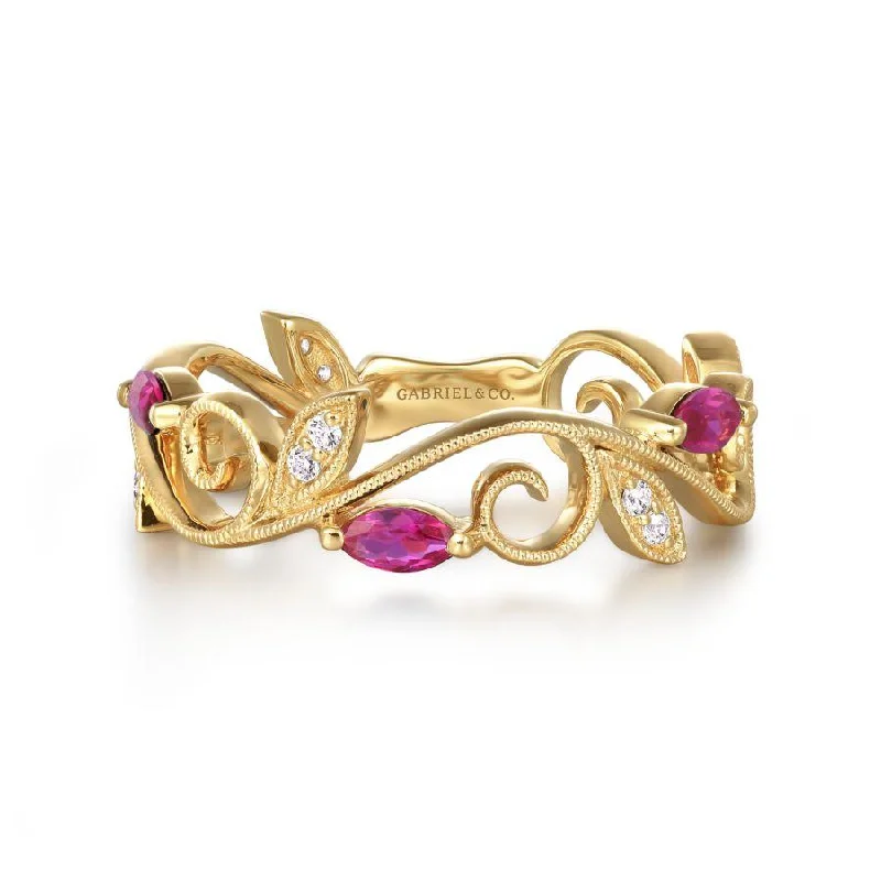 Rings with claw-set amethyst for security -14K Yellow Gold Diamond and Ruby Filigree Pattern Stackable Ladies Ring