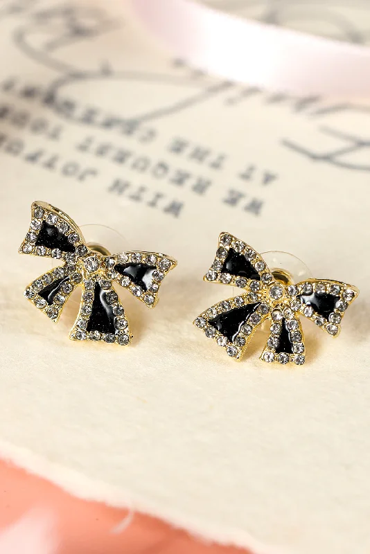 Contemporary Stud Earrings for Fashion -Black Rhinestone Bow Knot Stud Earrings