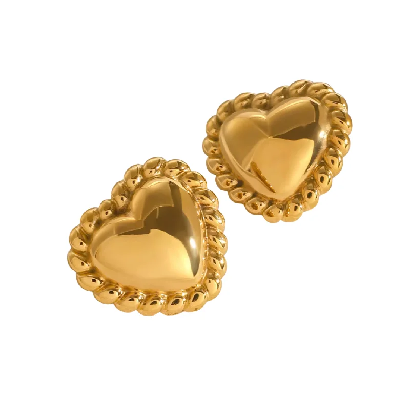 Punk Stud Earrings with Spikes -Golden Puffy Heart Statement Stud Earrings