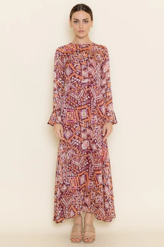 High-waisted Dresses for Flatter -Multi Abstract Print Boho Maxi Dress