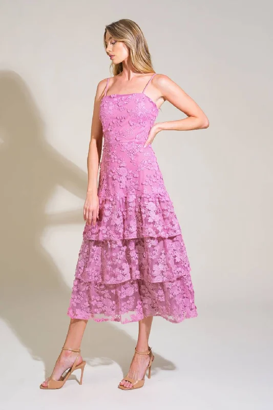 Contemporary Dresses for Fashion -Mauve Floral Lace Accent Midi Dress