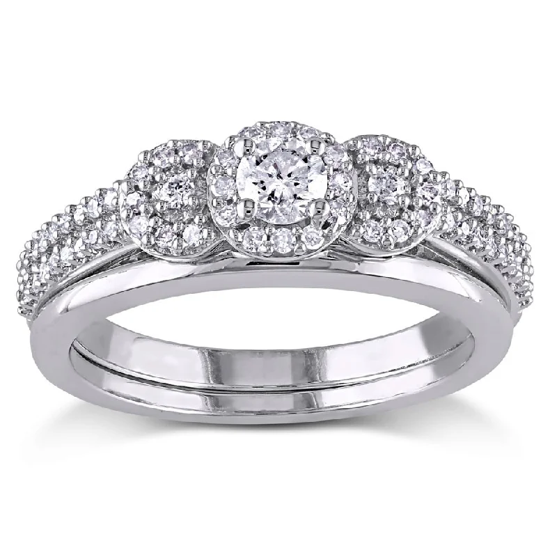 Rings with vintage claw prongs for elegance -Miadora 10k White Gold 1/2ct TDW Diamond 3-stone Halo Bridal Ring Set