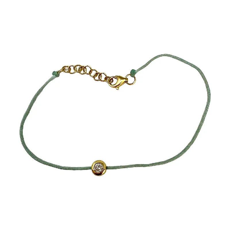 Bracelets with sunstone gems for fiery shine -Light Blue Silk Cord Bracelet with Bezel Set Diamond and 14K Gold Clasp