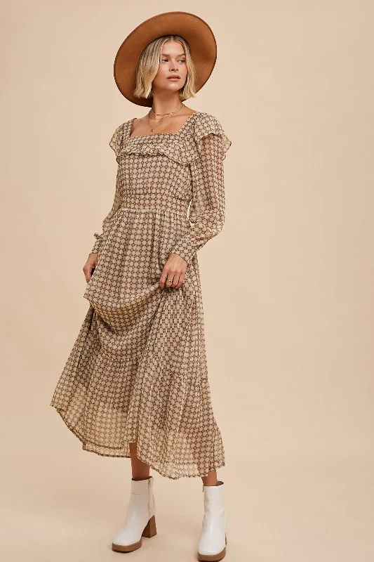 Buttoned Dresses for Stylish -Brown Geometric Print Square Neck Midi Dress