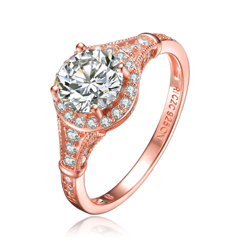 Rings with vintage claw prongs for elegance -GENEVIVE Sterling Silver Rose Gold Plated Cubic Zirconia Halo Engagement Ring