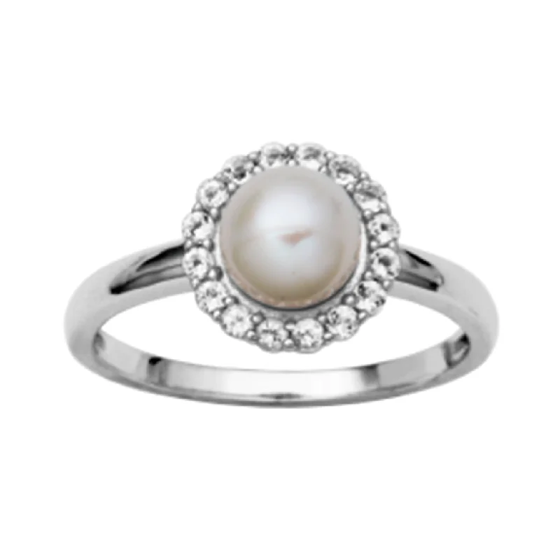 Rings with raw jade for natural calm -Sterling Silver Pearl & White Topaz Halo Ring by Samuel B.