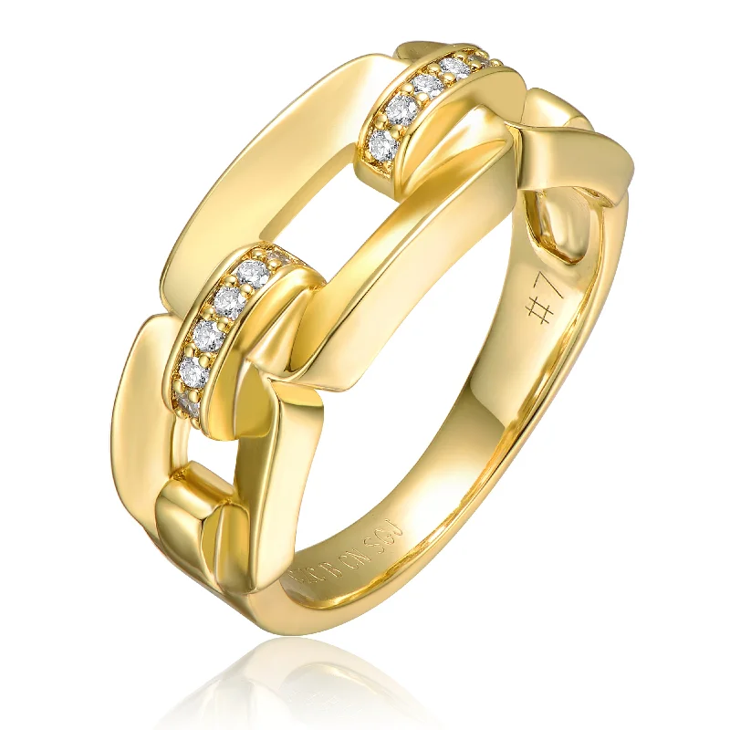 Rings with double bands for modern twist -14k Gold Plated with Cubic Zirconia Pave Chain Link Ring