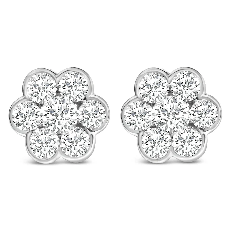 Stud Earrings with Symbolic Elements -14K White Gold 1 1/3 Cttw Diamond Bezel Style 7 Stone Floral Cluster Stud Earrings