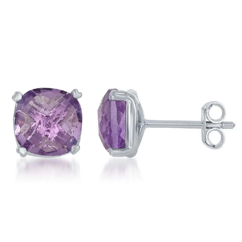 Stud Earrings with Debossed Designs -Sterling Silver 8mm Cushion-cut Amethyst Stud Earrings