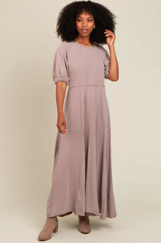 Retro Dresses for Throwback -Taupe Vintage Wash Puff Sleeve Maxi Dress