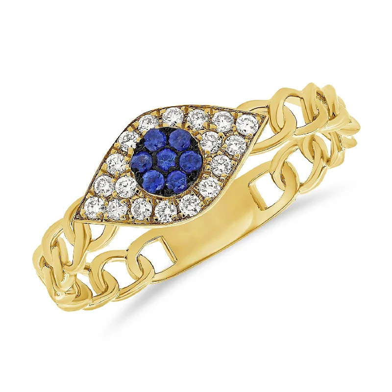 Rings with rough sapphire for rugged chic -Bold Evil Eye Chain Ring with Sapphires & Diamonds