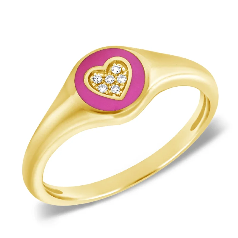 Rings with tourmaline gems for bold hues -Heart Pinky Ring with Pink Enamel and Diamonds in 14K Gold