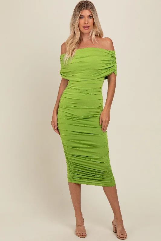 Orange Dresses for Energetic -Lime Off Shoulder Ruched Midi Dress