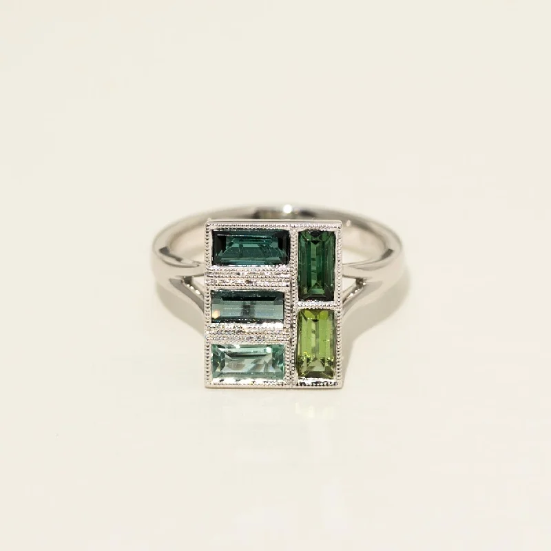 Rings with smoky quartz for muted elegance -Stained Glass Maine Indicolite an Green Tourmaline Ring in 14kt White Gold