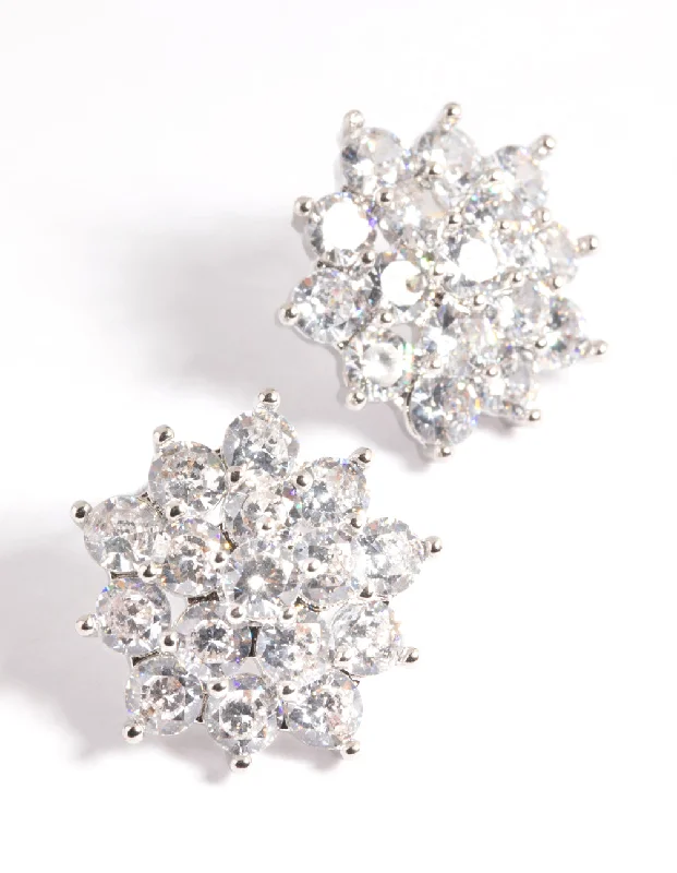 Maximalist Stud Earrings for Bling -Rhodium Pave Flower Stud Earrings