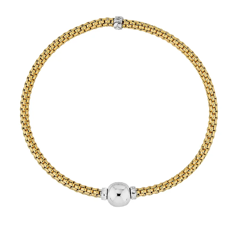 Bangles with claw-set stones for security -14K Two Tone Gold Italian Woven Stretch Bracelet